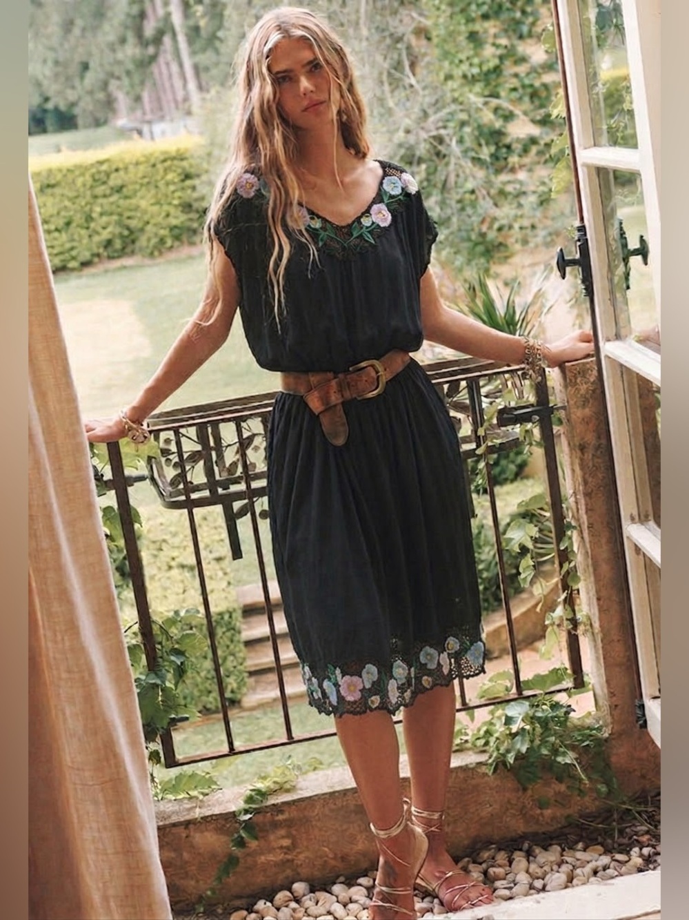 Vintage Black Floral Embroidery & Intricate Crochet Work Dress